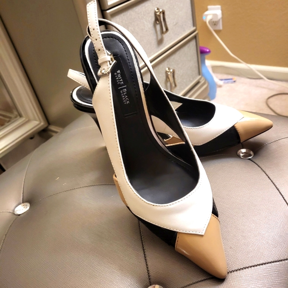 White House Black Market toulon black white tan shoes